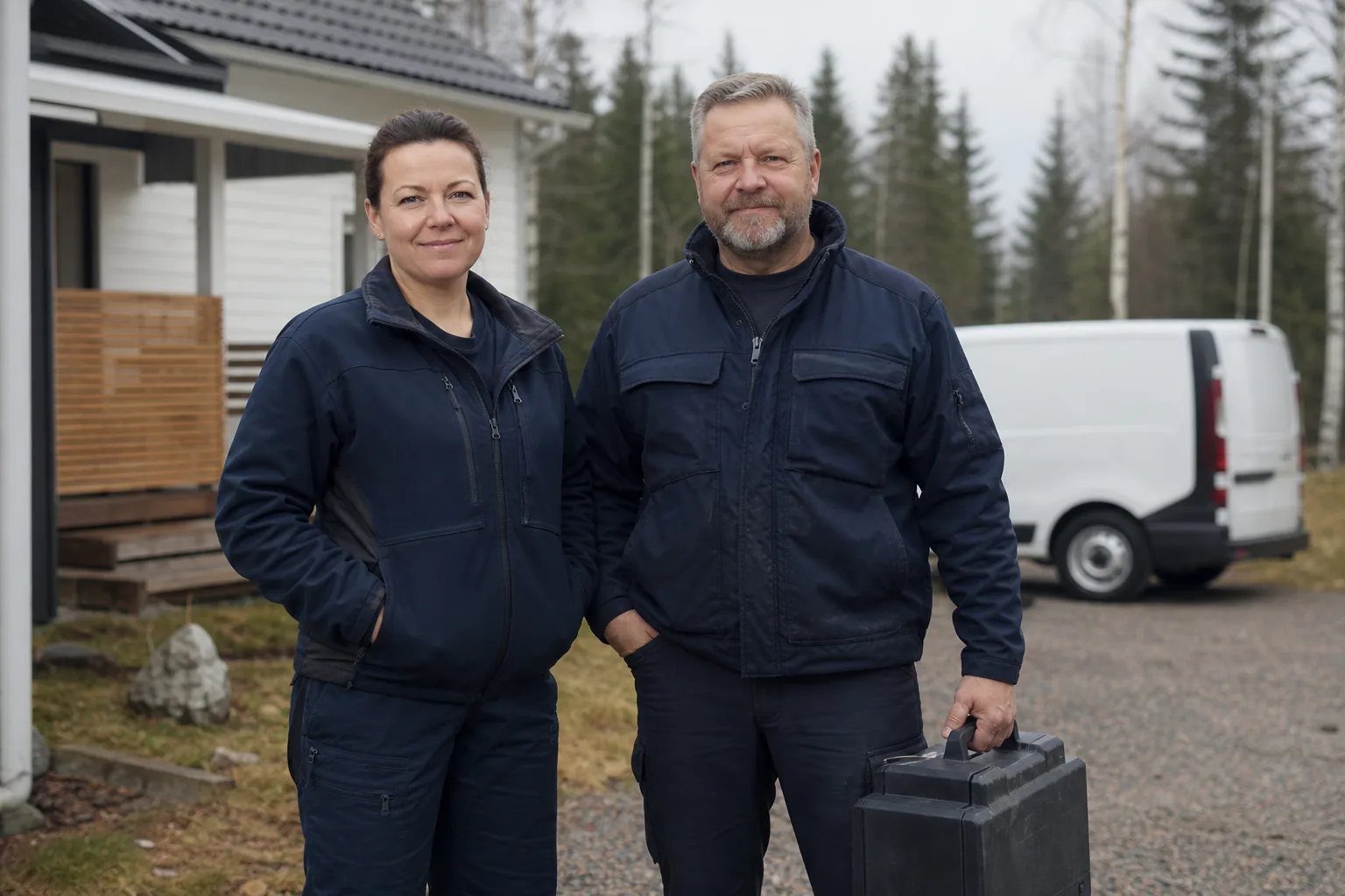 LVI-ammattilaiset suomalaisen omakotitalon pihassa.
