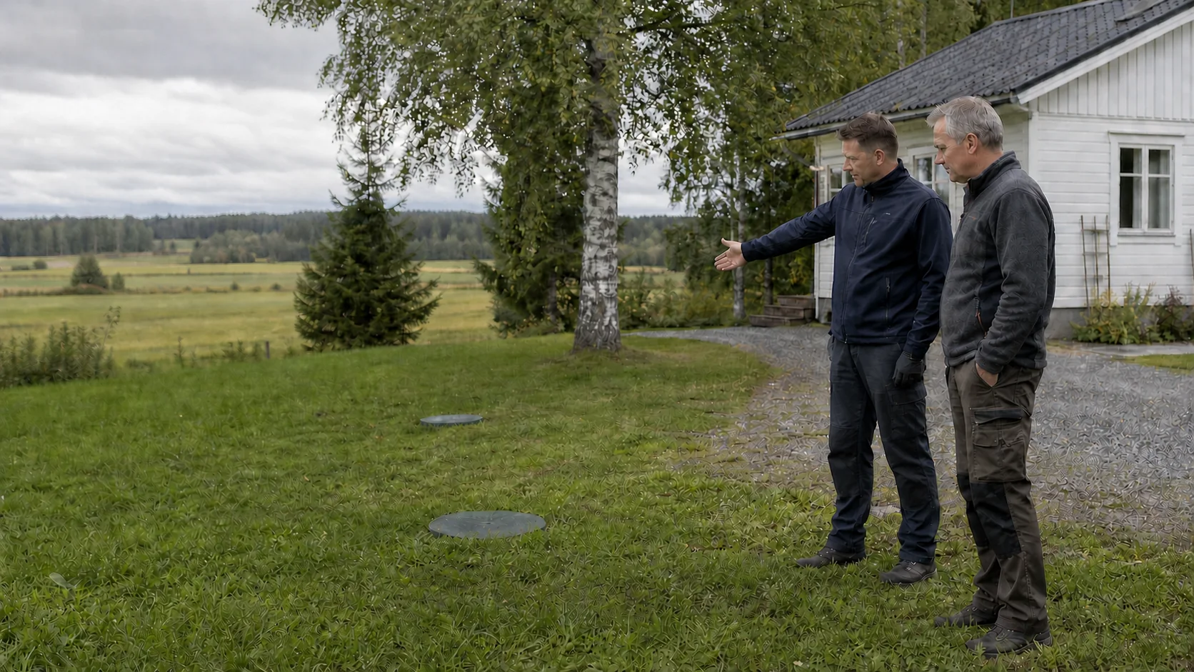 Asiakas ja LVI-ammattilainen keskustelevat pihan jätevesiratkaisusta.