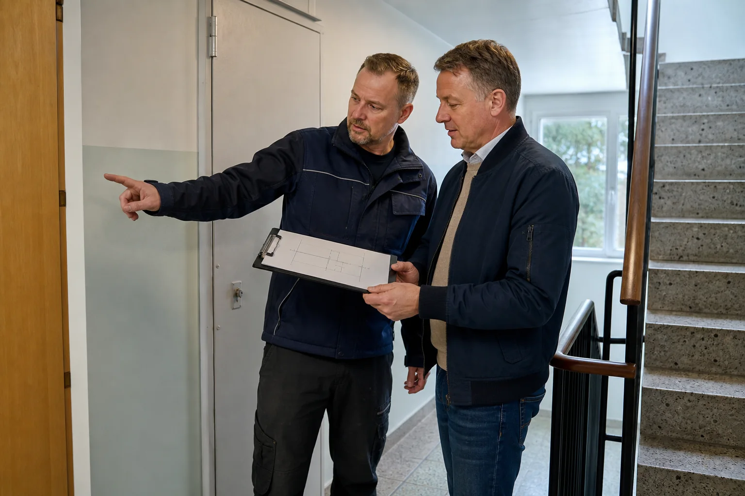 LVI-ammattilainen ja taloyhtiön edustaja suunnittelevat työtä porraskäytävässä.