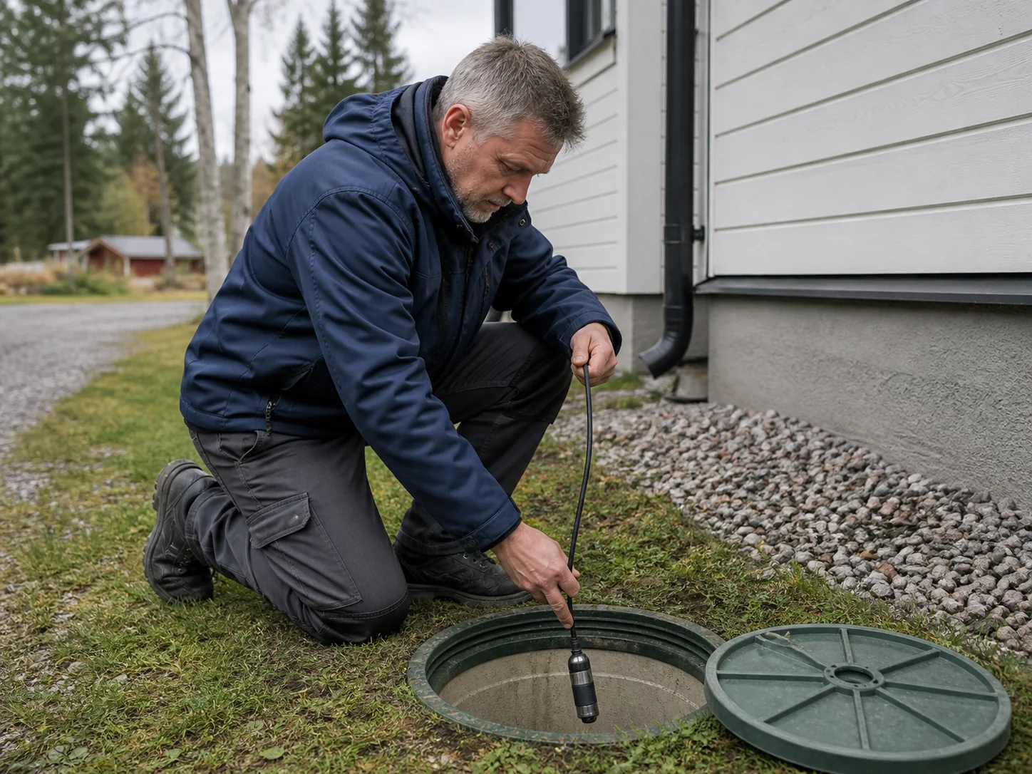 LVI-ammattilainen tarkastaa pihan jätevesikaivoa kameran avulla.