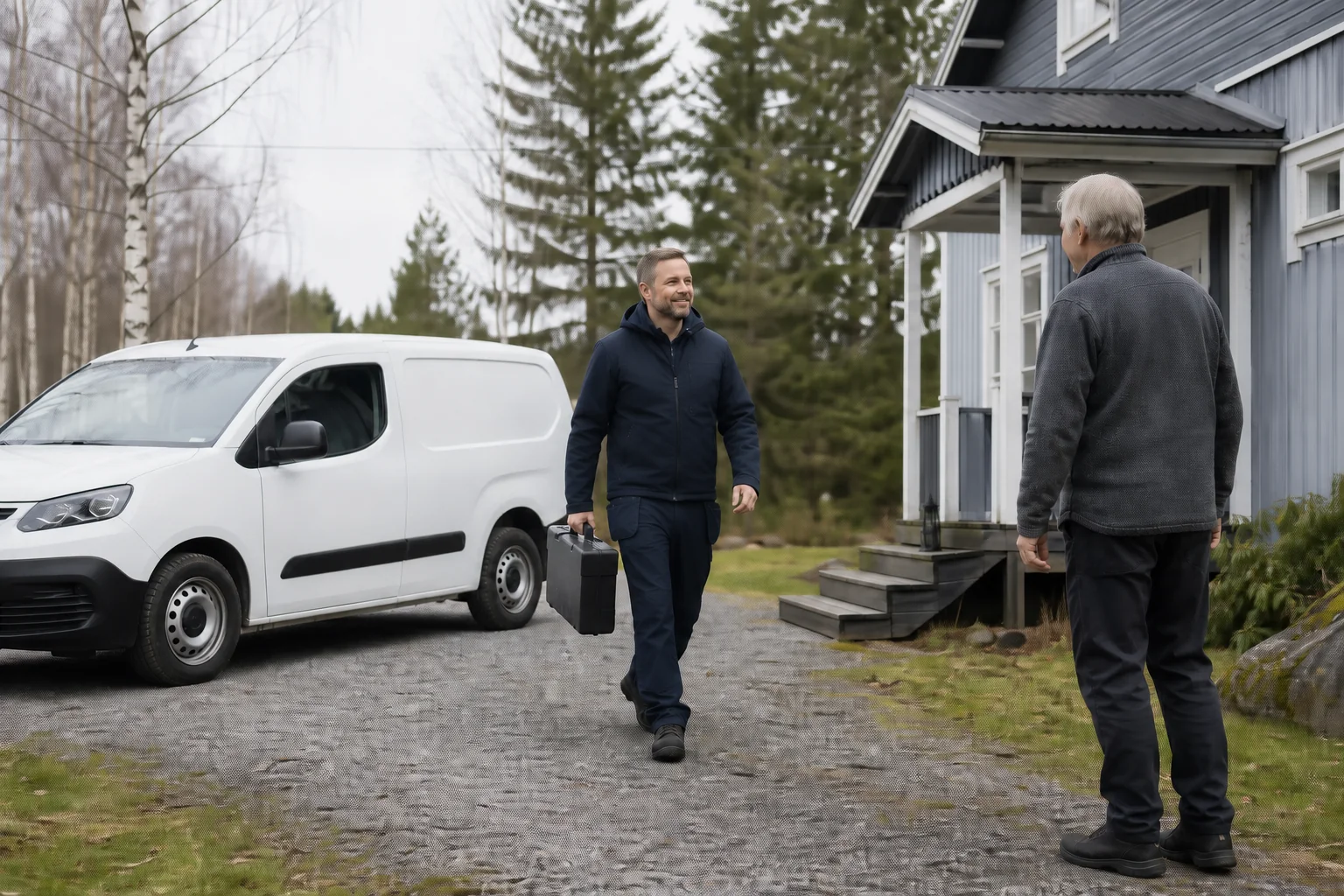LVI-ammattilainen saapuu työkalulaukun kanssa asiakkaan kotipihaan.