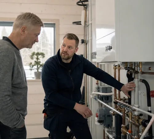 Asiakas ja LVI-ammattilainen keskustelevat kodin lämmitysjärjestelmästä.